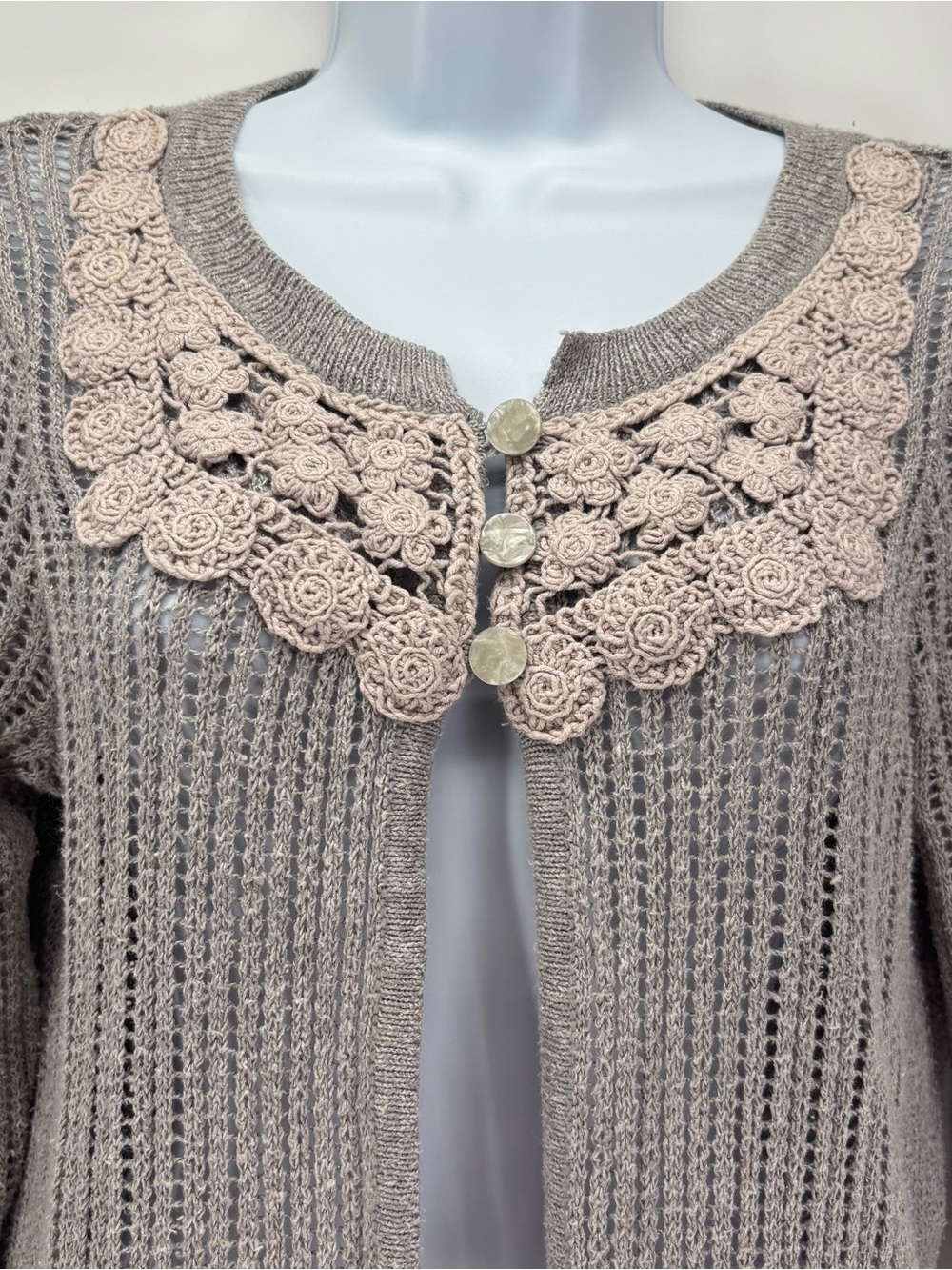 Open knit cardigan with crochet lace collar Christopher Banks Small Gray